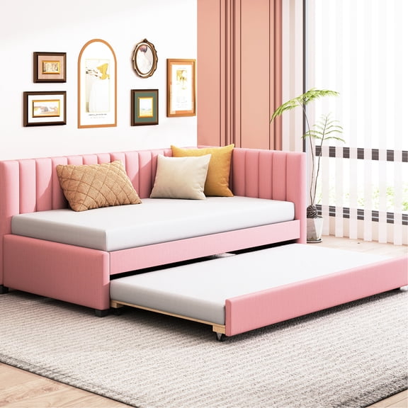 Cozy Linen Backrest - Upholstered Twin Daybed with Trundle for Couples