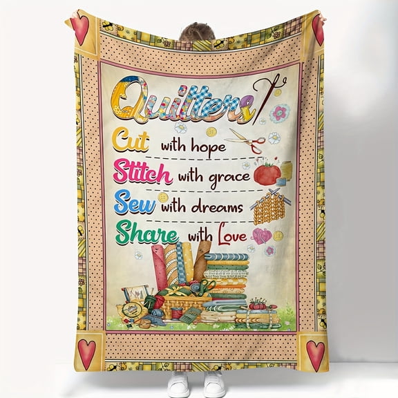 Cozy Lodge Style Quilters Theme Throw Blanket - Ultra-Soft Knitted Polyester Flannel for All-Season Comfort, Inspirational Sewing & Stitching Patterns