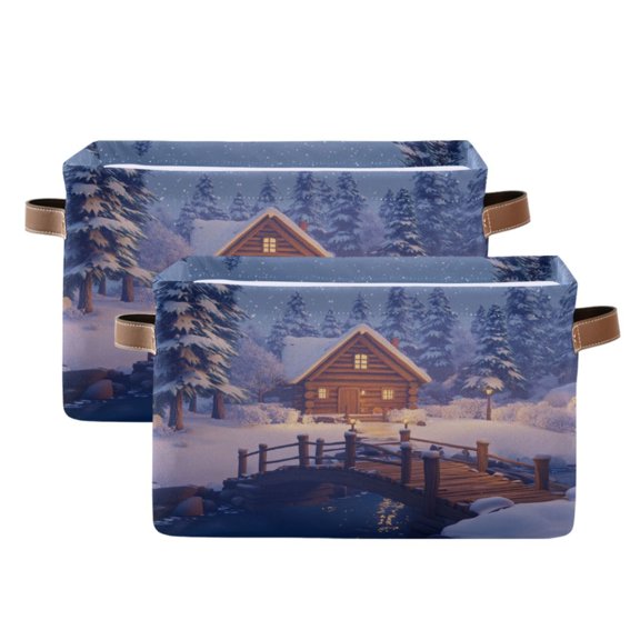 A Cozy Log Cabin Nestled Foldable Storage Basket,Canvas Fabric Foldable Storage Bins with Handles Open Home Storage Bins Boxes for Toy Book Shelf Closet Baskets