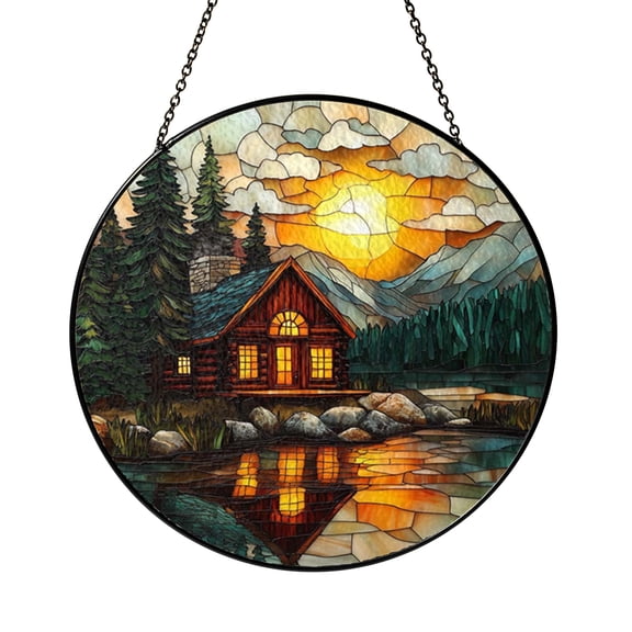 Cozy Log Cabin Window Suncatcher – Stained Glass Style Decor