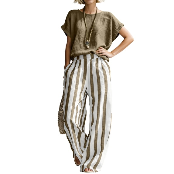 Cozy Loose-Fit Striped Linen Two-Piece Set, Casual Shirt & Classic Wide Leg Pants Outfit, Women Summer Travel Suit L