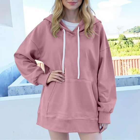 Cozy Loose Hoodie Sweatshirt for Women - Casual Long Sleeve Pullover with Adjustable Drawstring Pink