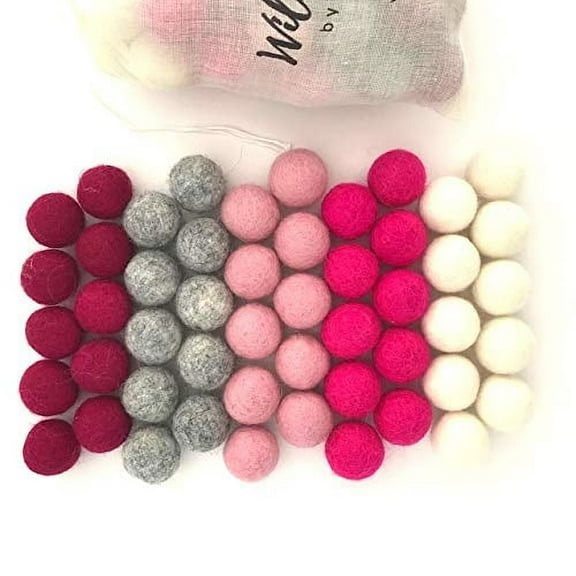 Cozy Love Wildflower by hu hands 0.8 - 1 Inch (2.5CM) Wool Pink Felt Balls | Pink and Gray Colors for DIY Pom Craft, Garland, Baby, Decor, Essential Oil, Cat Handmade 50 Pompoms | Muslin Bag