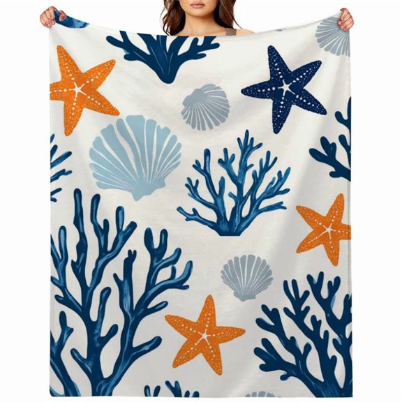 Cozy Marine Life Starfish & Coral Print Flannel Blanket, Soft Plush Warm Throw, All-Season for Sofa Bed Office Travel, Perfect Beach Theme Gift