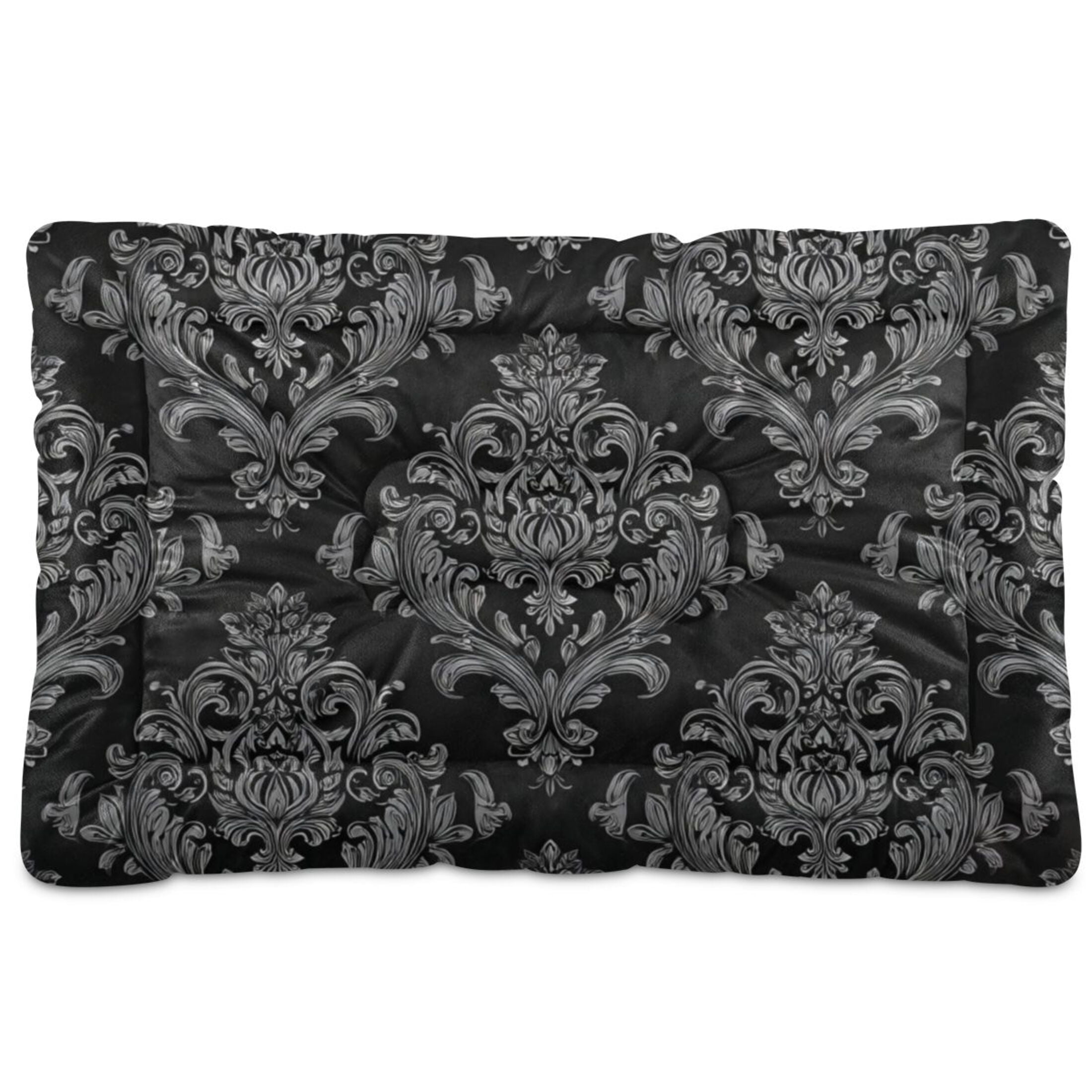 Cozy Mat Pet Bed Indoor Outdoor Warm Soft For Cat Dog Puppy(S/M) Black Silver Damask Pattern