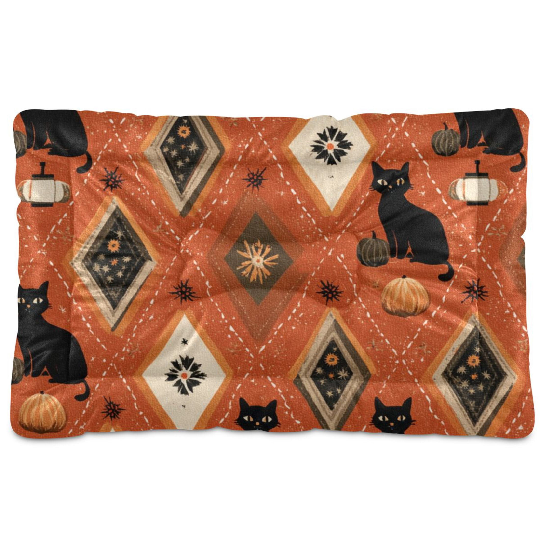 Cozy Mat Pet Bed Indoor Outdoor Warm Soft For Cat Dog Puppy(S/M) Pumpkins Black Cat