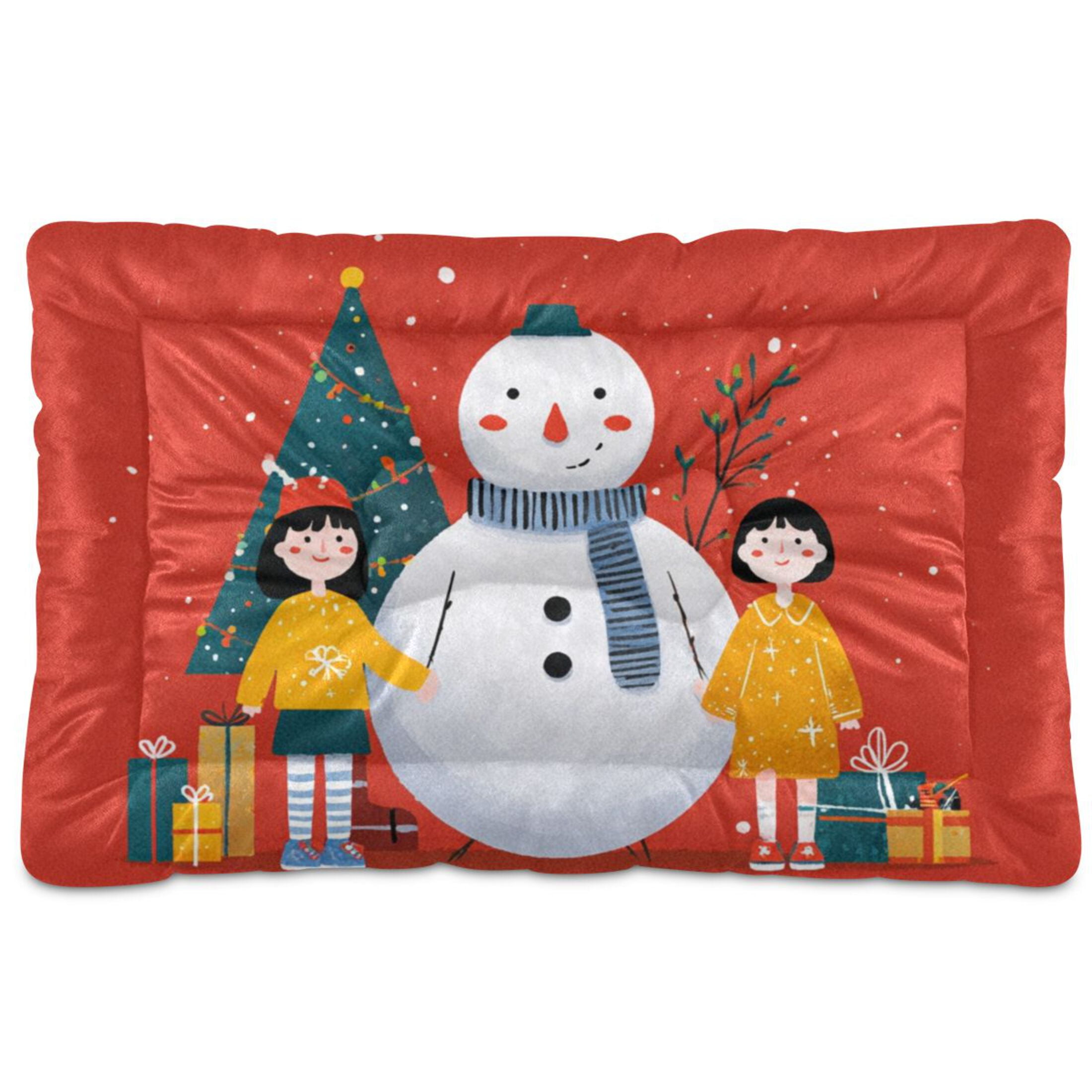 Cozy Mat Pet Bed Indoor Outdoor Warm Soft For Cat Dog Puppy(S/M) Snowman Next To Christmas Tree