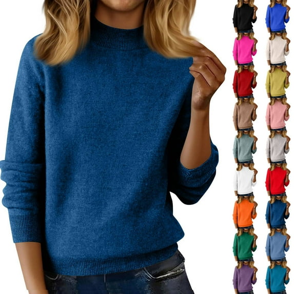 Cozy Mock Neck Sweaters for Women Long Sleeve Lightweight Soft Jumper Knitted Pullover Fall Clothes, Dark Blue XL