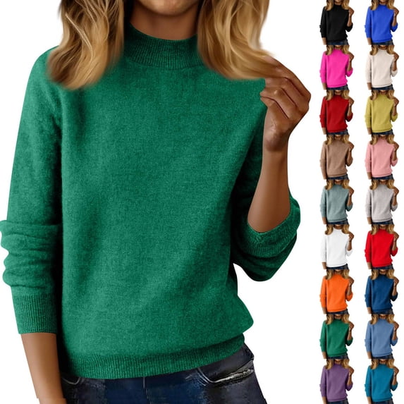 Cozy Mock Neck Sweaters for Women Long Sleeve Lightweight Soft Jumper Knitted Pullover Fall Clothes, Dark Green M