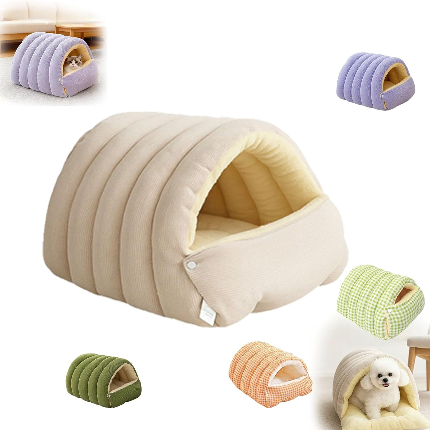 Cozy Monster Cat Bed Small Dog Cave & Indoor Cats Cave Removable and Washable Winter Closed-Off Cat Beds Tent with Cushion Hooded Dog Bed Pet House for Kittens & Dogs All-Season Use (L-Beige)