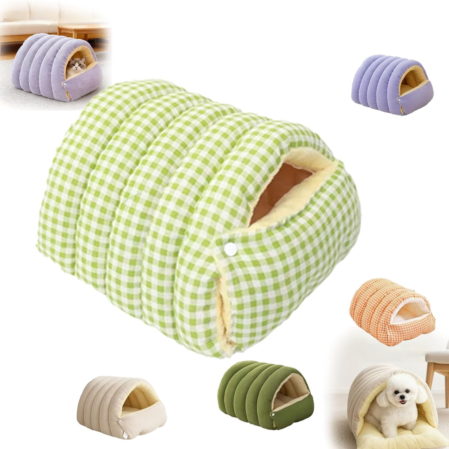Cozy Monster Cat Bed Small Dog Cave & Indoor Cats Cave Removable and Washable Winter Closed-Off Cat Beds Tent with Cushion Hooded Dog Bed Pet House for Kittens & Dogs All-Season Use (L-Check Green)