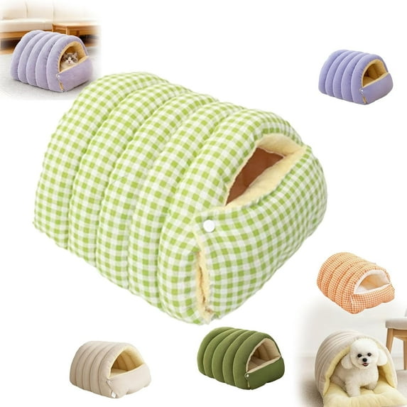 Cozy Monster Cat Bed Small Dog Cave & Indoor Cats Cave Removable and Washable Winter Closed-Off Cat Beds Tent with Cushion Hooded Dog Bed Pet House for Kittens & Dogs All-Season Use (L-Check Green)
