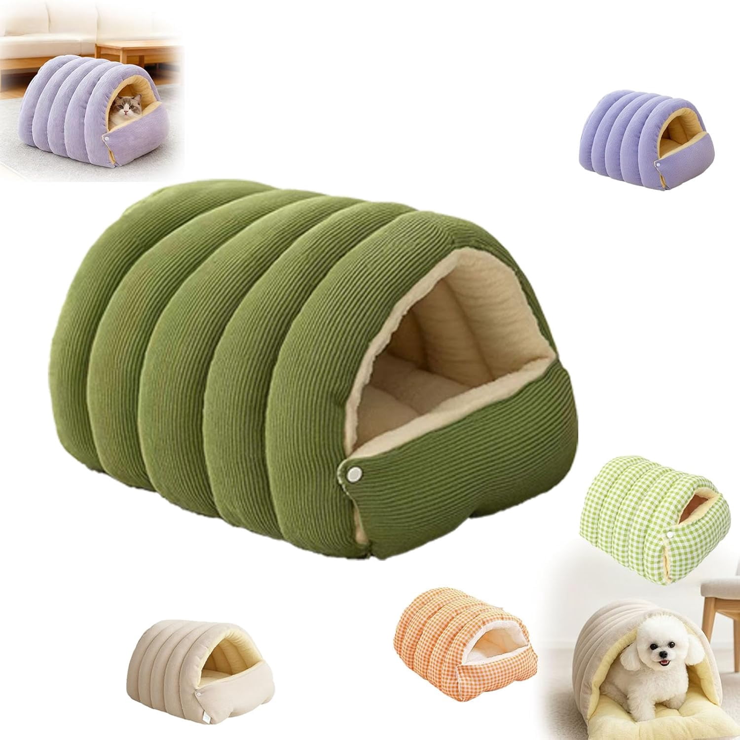 Cozy Monster Cat Bed Small Dog Cave & Indoor Cats Cave Removable and Washable Winter Closed-Off Cat Beds Tent with Cushion Hooded Dog Bed Pet House for Kittens & Dogs All-Season Use (L-Green)