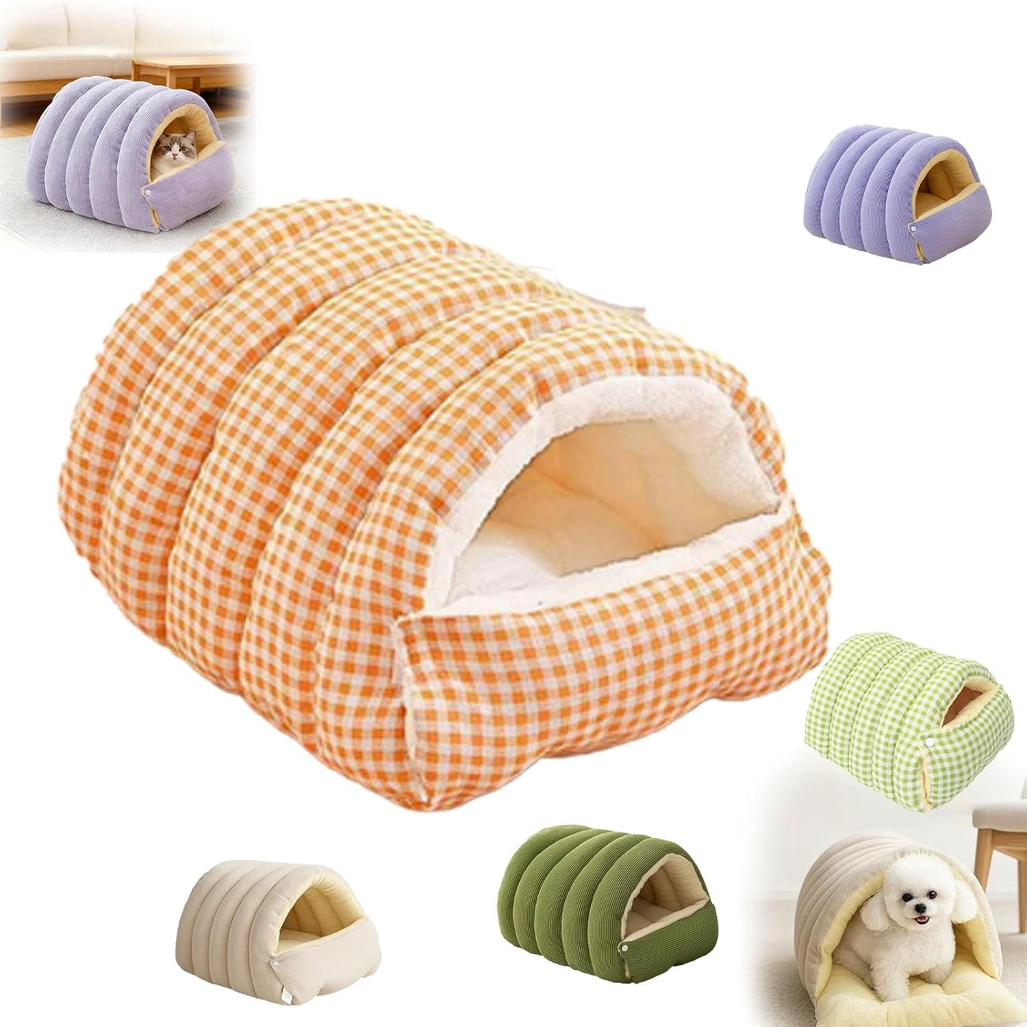 Cozy Monster Cat Bed Small Dog Cave & Indoor Cats Cave Removable and Washable Winter Closed-Off Cat Beds Tent with Cushion Hooded Dog Bed Pet House for Kittens & Dogs All-Season Use (L-Check Orange)