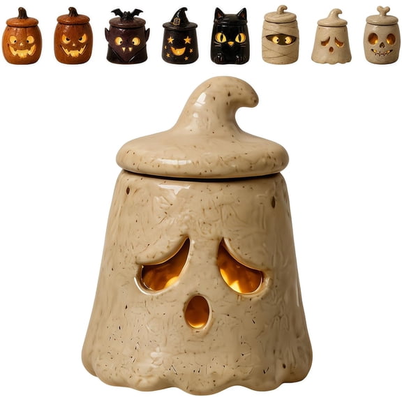 Cozy Monster Tealight Lantern, Handmade Ceramic Halloween Candle Holder, Cute Spooky Tea Light Holder for Tabletop Mantel Shelf Cottagecore Spooky Halloween Decorations Home Decor Gift