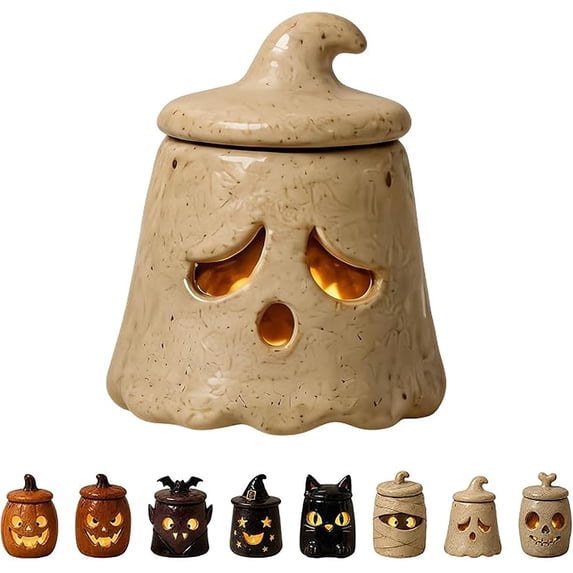 Cozy Monster Tealight Lantern, Handmade Resin Candle Holder | Cute Spooky Tea Light Holder for Tabletop Mantel Shelf Pumpkin Tealight Holder Cottage Core Halloween Home Decor Gifts