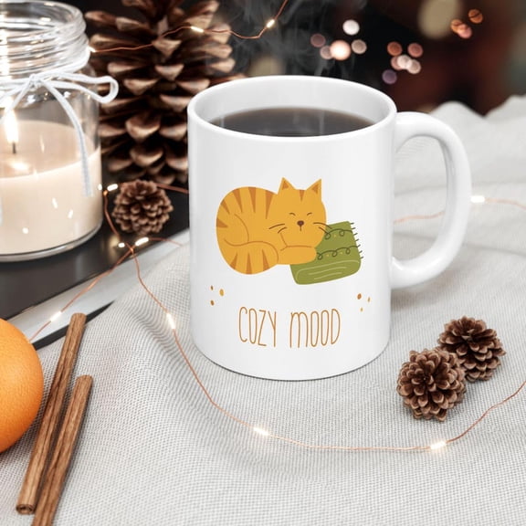 Cozy Mood Orange C1Aeramic Mug, Cute Kitty Coffee Cup, Cozy Fall C1At Lover Gift