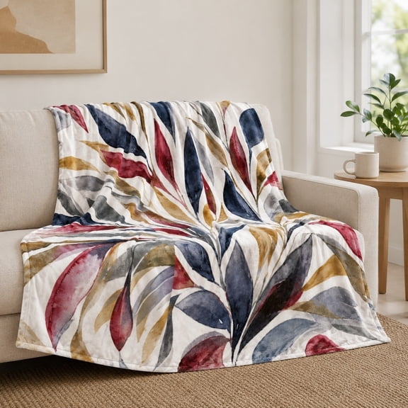 Cozy Mood Studio Botanical Watercolor Leaf Fleece Blanket, Dark Red Navy Blue Gray Gold Abstract Print, 4, 60 x 80 in