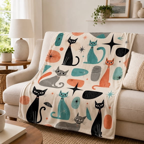 Cozy Mood Studio Retro Atomic Cat Fleece, 3D Print Polyester Throw, 30 x 40 in