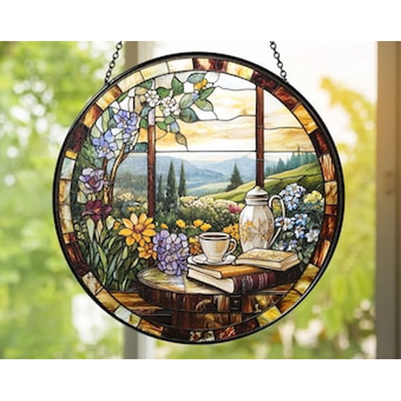 Cozy Morning Coffee Glass Suncatcher – Cottage Window Hanging with Books & Flowers, Relaxing Countryside View Home Décor, 3.5 in