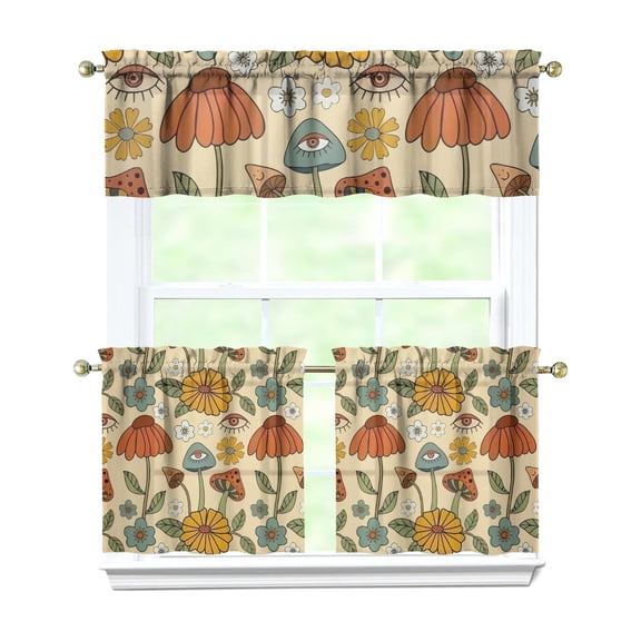 Cozy Mushroom Forest Curtains for Kitchen 3pcs Set, 27.5x24 inch Polyester Tier Panels and Valance, Fall Botanical Window Drapes for Rustic Holiday Home Decor