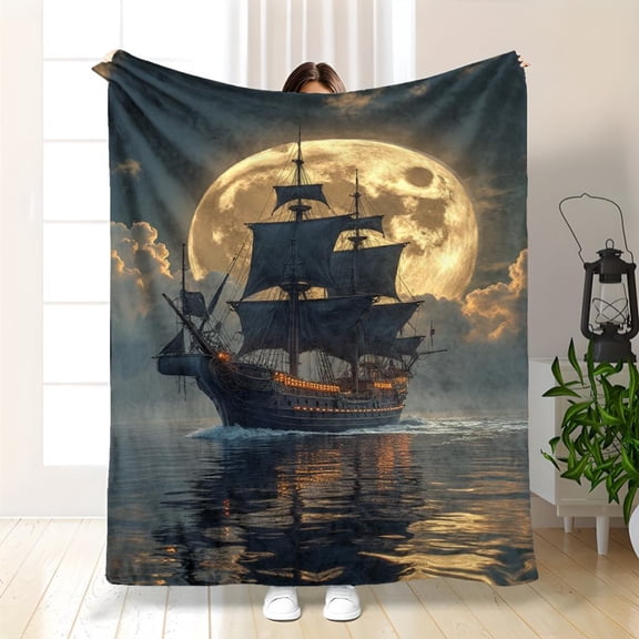 Cozy Nautical Pirate Ship & Moonlit Ocean Flannel Blanket - Soft Plush Bedspread Suitable for & s, All-Season Bed Cover for, Camping Travel Home Decor, Bedding Accessory