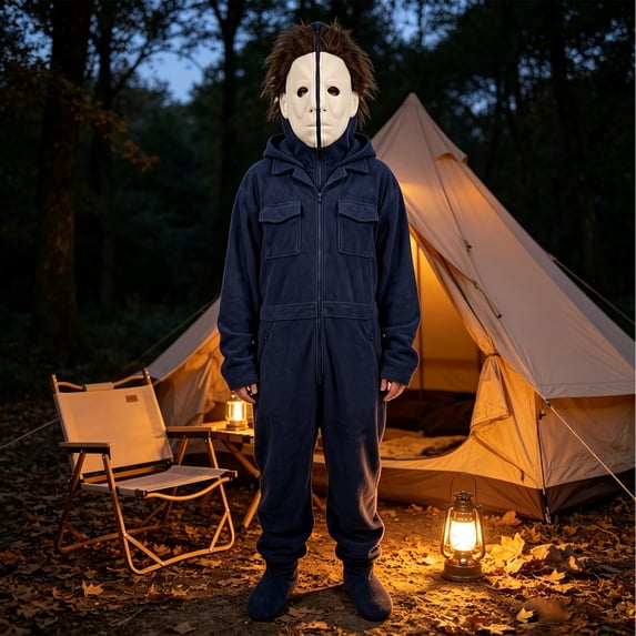 Cozy Navy Horror Cosplay Onesie for Adults, Classic Horror Style Full Body Onesie with Zipper & Pockets for Halloween Sleepwear Cosplay(Blue,XXL)