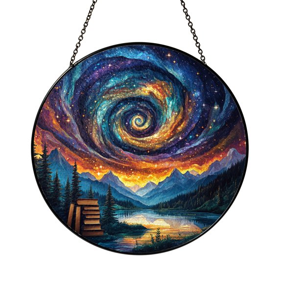 Cozy Night Library Scene Glass Window Hanging Art