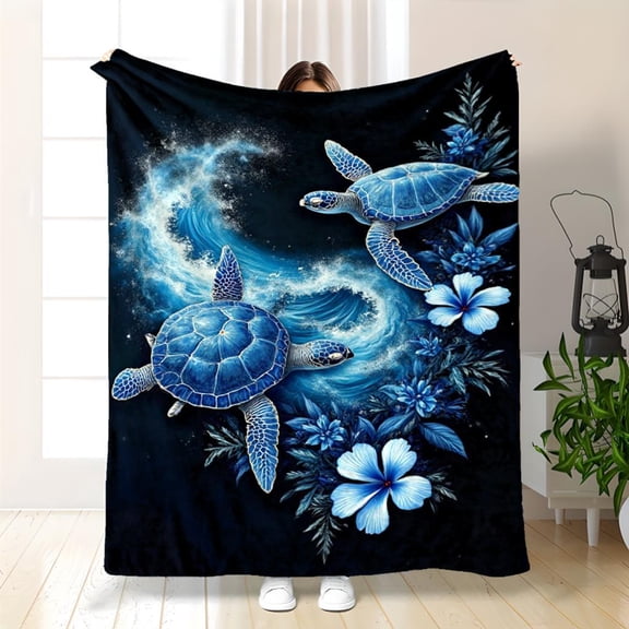 Cozy Ocean-Inspired Flannel Throw Blanket - Sea Turtles & Tropical Flowers, Soft 280gsm Polyester Fleece, All-Season for Sofa Bed Travel Camping