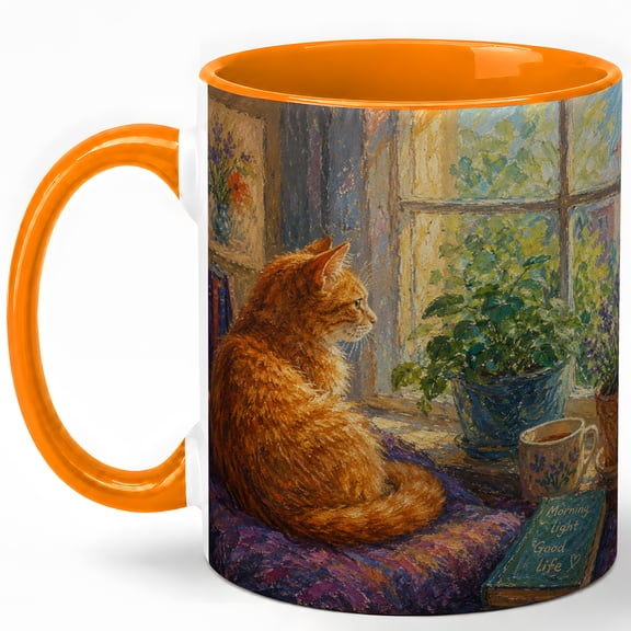 Cozy Orange Cat Window 11oz Ceramic Mug, Morning Light Cottagecore Coffee Cup