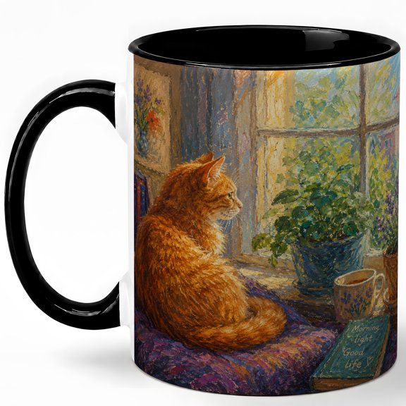 Cozy Orange Cat by Window Coffee Mug, Morning Light Cat Lover Ceramic Mug, 11 oz