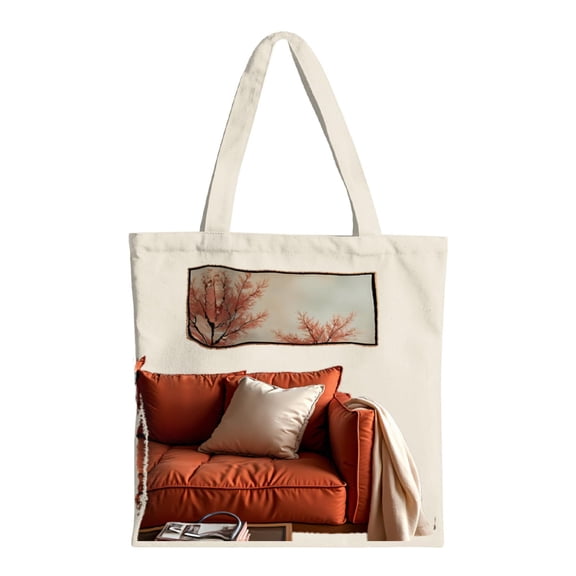 Cozy Orange Couch & Cherry Blossom Art Tote Bag - Multifunctional Canvas Bag for Shopping Travel & Parties