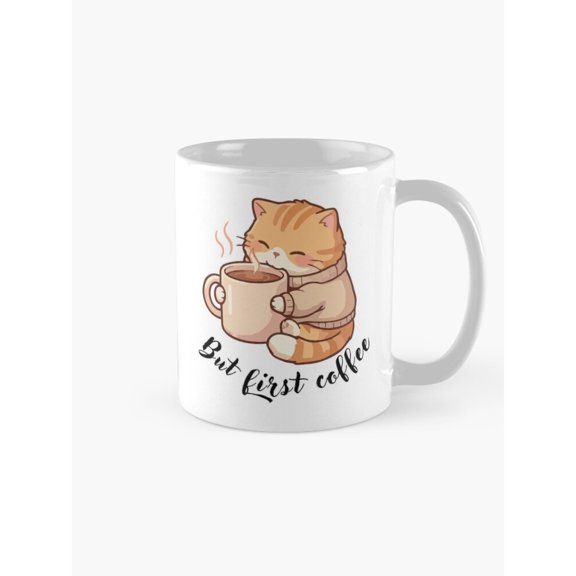 Cozy Orange Tabby Cat with Steaming Coffee Mug, 11oz Ceramic, But First Coffee Script