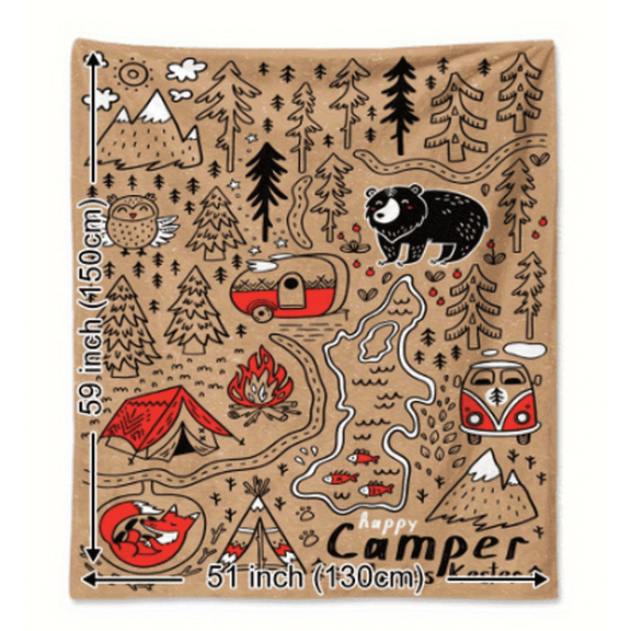 Cozy Outdoor Adventure-Themed Blanket - 51" x 59" Flannel Throw with Camping, Hiking & Wildlife Design - Perfect for Camping, Picnics, and Home Decor, Camping
