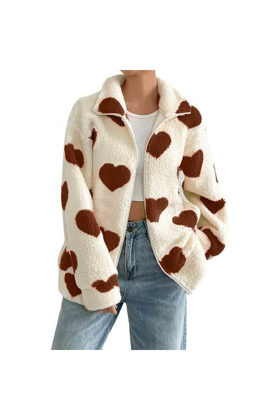 Cozy Oversized Heart Print Zipper Cardigan For Fall And Winter Long Sleeve Soft Jacket For Women winter coats for women