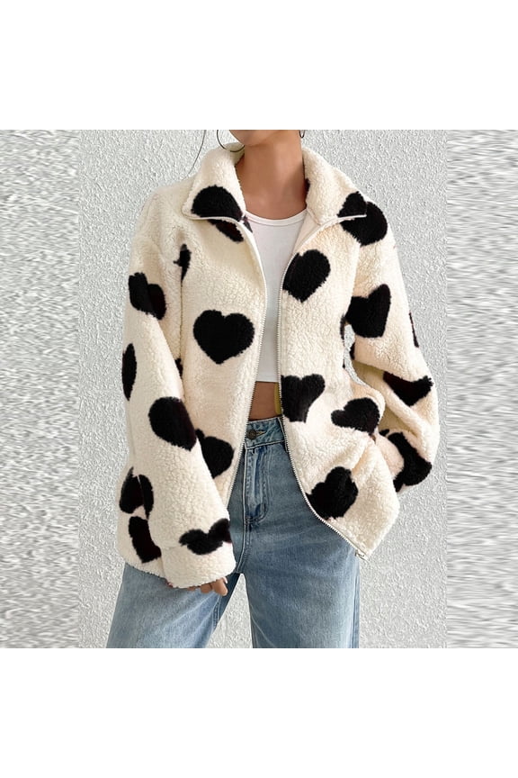 Cozy Oversized Heart Print Zipper Cardigan for Fall and Winter - Long Sleeve Soft Jacket for Women