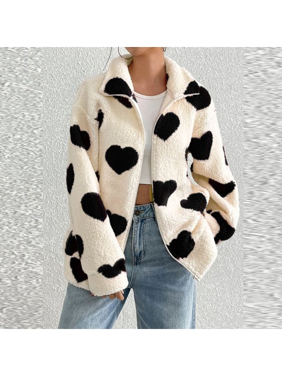 Cozy Oversized Heart Print Zipper Cardigan for Fall and Winter - Long Sleeve Soft Jacket for Women