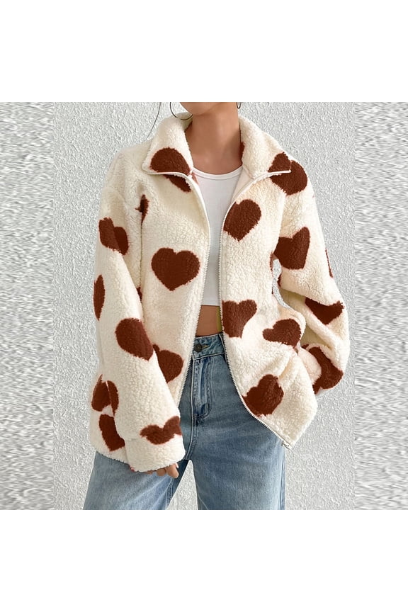 Cozy Oversized Heart Print Zipper Cardigan for Fall and Winter - Long Sleeve Soft Jacket for Women