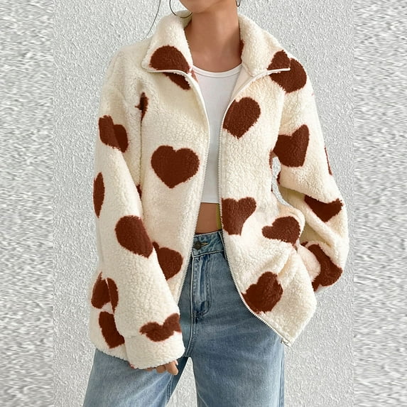 Cozy Oversized Heart Print Zipper Cardigan for Fall and Winter - Long Sleeve Soft Jacket for Women