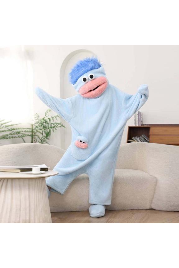 Cozy Oversized Hooded Flannel Robe – Soft Plush Long Sleepwear, Cute Monster Design, Warm & Comfortable Home Wear Blue M