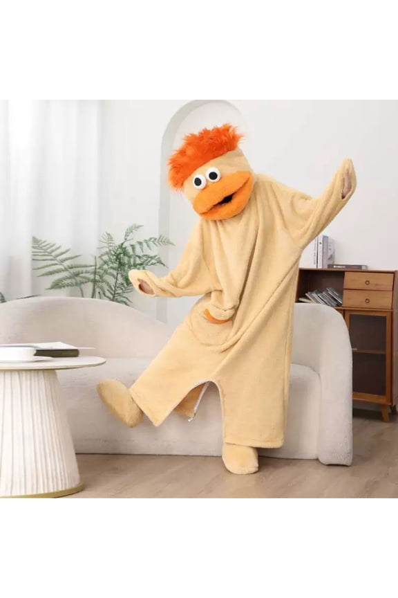 Cozy Oversized Hooded Flannel Robe – Soft Plush Long Sleepwear, Cute Monster Design, Warm & Comfortable Home Wear Yellow S