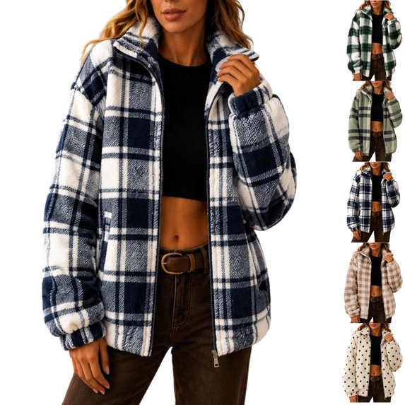 Cozy Oversized Plaid Sherpa Jackets for Women Zip Up Long Sleeve Outdoor Coats