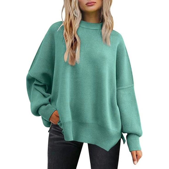 Cozy Oversized Sweater for Women Side Slit Knit Pullover Crewneck Top for Fall Winter Outfits XS-XXL