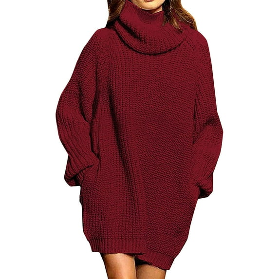 Cozy Oversized Turtleneck Sweater Dress for Women Soft Knit Long Sleeve Pullover in Rich Burgundy Red