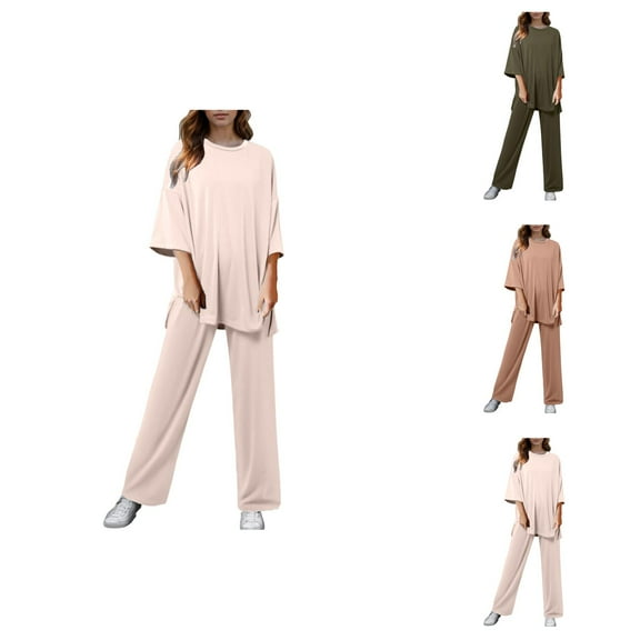 Cozy Pajama Shorts Women – Lounge Set for Vacation and Home Women 2 Piece Casual Short Sleeve Pullover Top And Wide Leg Pants Casual Suit Sportswear