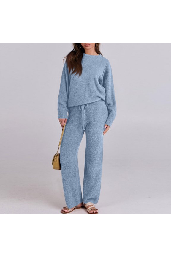 Cozy Pajamas for Women Cozy Pajamas for Women Soft Fuzzy Pajamas for Women Womens Pajama Sets 2025 Fall Lounge Sweater Set Cute Fuzzy Fleece 2 Piece Long Sleeve Cozy Winter Pj Outfits, Sky Blue-S