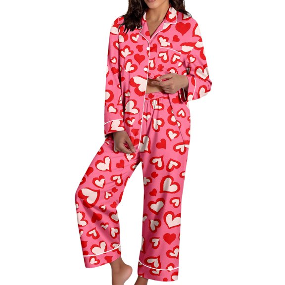 Cozy Pajamas For Women Set Valentine's Day Pajamas Soft Comfortable Two Piece Love Bow Print Long Sleeve Top Long Pant Button Down Loungewear Nightwear Sleepwear Fall Winter