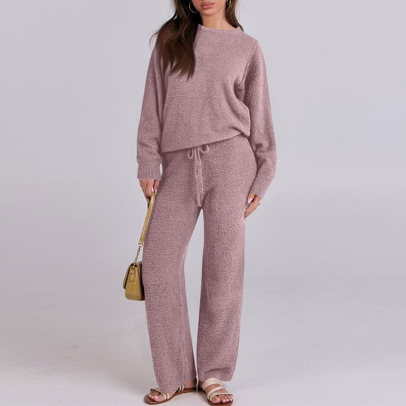 Cozy Pajamas for Women Soft Fuzzy Pajamas for Women Cozy Pajamas for Women Womens Pajama Sets 2025 Fall Lounge Sweater Set Cute Fuzzy Fleece 2 Piece Long Sleeve Cozy Winter Pj Outfits, Purple Pink-L