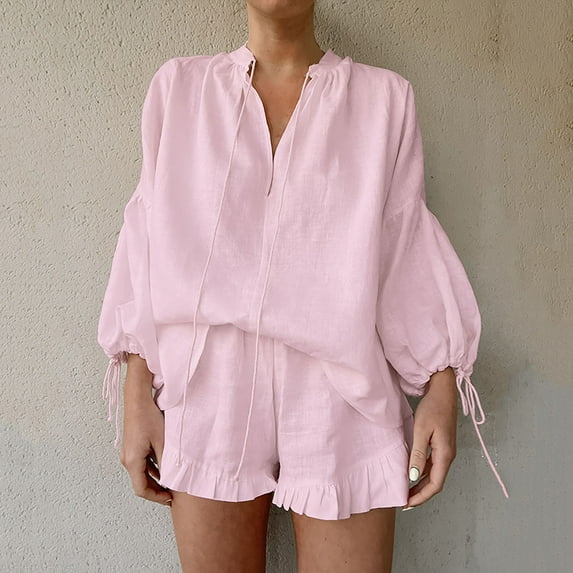 Cozy Pajamas for Women Soft Womens Sleepwear Set Sleepwear Ladies' Summer V-Neck Lantern Sleeve Pocket Elastic Strap Home Clothes Casual Warm Sleepwear Robe Set