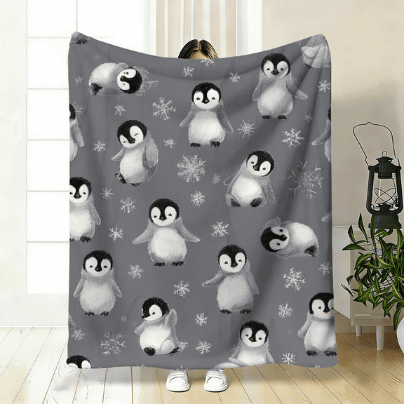 Cozy Penguin Snowflake Flannel Blanket - Soft Gray Vintage Animal Print Throw for All Seasons, Airplane, Camping, Sofa, Bed, Indoor, Outdoor, and Car Use, Perfect as a Gift for, Birthdays, Etc
